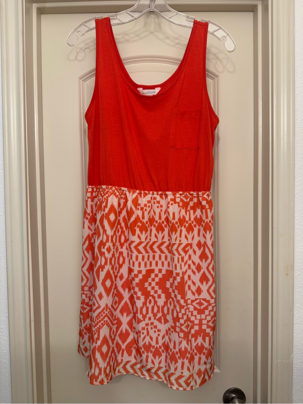 Charming Charlie Coral Ikat Print Sleeveless Tank Dress with Slip Lining